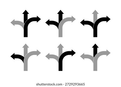 Three-way arrow icons, isolated on a white background, navigation and pointing symbol, illustrations for selection and decision making, intersections and multiple paths. Way direction arrow three arrows, path sign, road direction. Vector illustration. Eps 10
