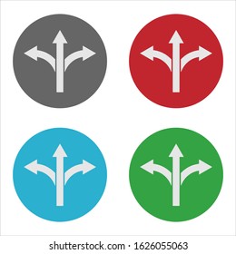 Three-way direction arrow in colour circles . 3 Ways Road Sign set .