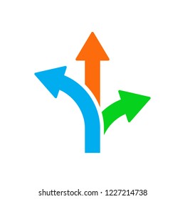 Three-way direction arrow in flat style. Vector illustration. Road direction icon isolated.