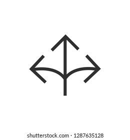 Three-way direction arrow in flat style. Vector illustration. Road direction icon isolated.