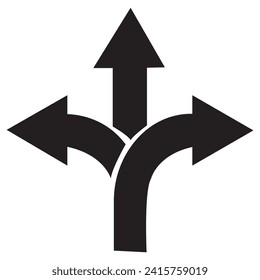 Three-way direction arrow icon. black arrow icon.