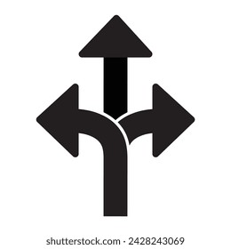 Three-way direction arrow icon in flat style. Road direction symbol isolated on white background Simple choice icon in black Vector illustration for graphic design, Web, UI, 