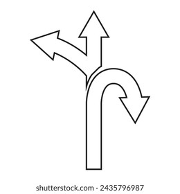 three-way direction arrow icon. arrow icon ,three way direction arrow sign, road direction vector. Three Way Fork black Arrow