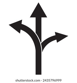 three-way direction arrow icon. arrow icon ,three way direction arrow sign, road direction vector. Three Way Fork black Arrow