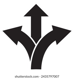 three-way direction arrow icon. arrow icon ,three way direction arrow sign, road direction vector. Three Way Fork black Arrow