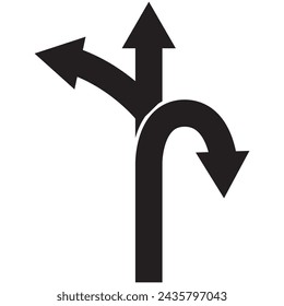 three-way direction arrow icon. arrow icon ,three way direction arrow sign, road direction vector. Three Way Fork black Arrow