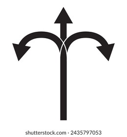three-way direction arrow icon. arrow icon ,three way direction arrow sign, road direction vector. Three Way Fork black Arrow