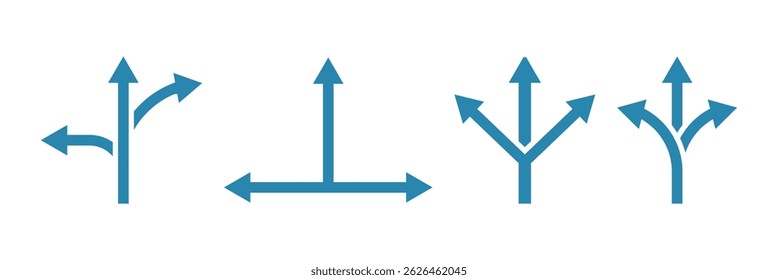 Three-way direction arrow icon. arrow icon ,three way direction arrow sign, road direction vector. Three Way Fork blue Arrow