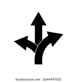 Three-way direction arrow icon. arrow icon ,three way direction arrow sign, road direction vector. Three Way Fork black Arrow . EPS 10 . 