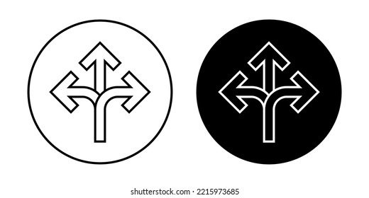 Three-way direction arrow icon vector isolated circle background