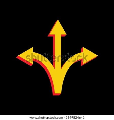 Three-way direction arrow sign. 3D Extruded Yellow Icon with Red Sides a Black background. Illustration.