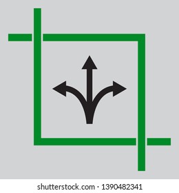 Three-way direction arrow sign. Black icon inside green crop tool at light gray background