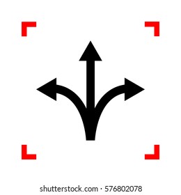 Three-way direction arrow sign. Black icon in focus corners on white background. Isolated.