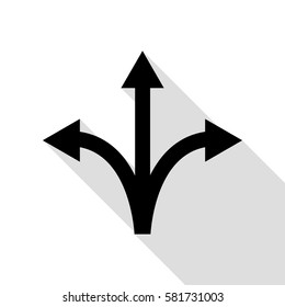 Three-way direction arrow sign. Black icon with flat style shadow path.