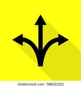 Three-way direction arrow sign. Black icon with flat style shadow path on yellow background.