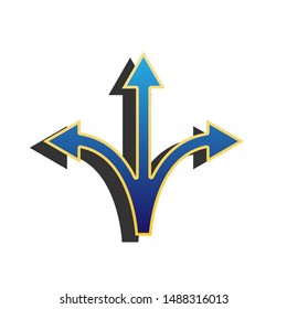 Three-way direction arrow sign. Blue icon with gold contour with dark gray shadow at white background. Illustration.
