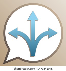 Three-way direction arrow sign. Bright cerulean icon in white speech balloon at pale taupe background. Illustration.