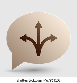 Three-way direction arrow sign. Brown gradient icon on bubble with shadow.