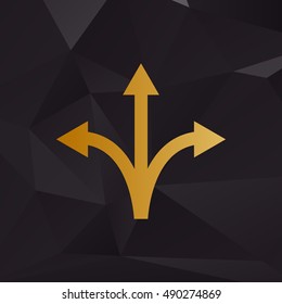 Three-way direction arrow sign. Golden style on background with polygons.
