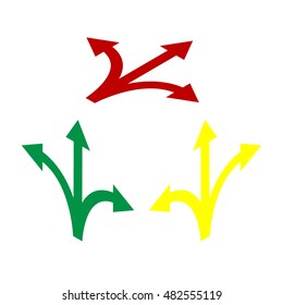 Three-way direction arrow sign. Isometric style of red, green and yellow icon.