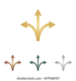 Three-way direction arrow sign. Metal icons on white backgound.