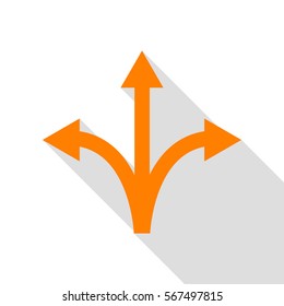 Three-way direction arrow sign. Orange icon with flat style shadow path.