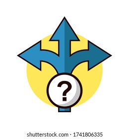 three-way direction arrow sign with question mark, icon