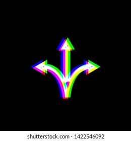 Three-way direction arrow sign. Red, green and blue unfocused contour icon at black background. Illustration.