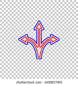 Three-way direction arrow sign. Red, white and contour icon at transparent background. Illustration.
