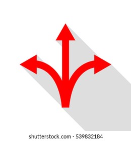 Three-way direction arrow sign. Red icon with flat style shadow path.