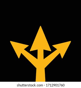 Signo de flecha de dirección de tres direcciones, icono de dirección de carretera en fondo negro, ilustración vectorial.