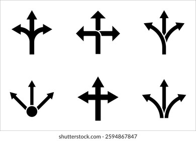 three-way direction arrow sign, road sign direction icon set, vector illustration on white background