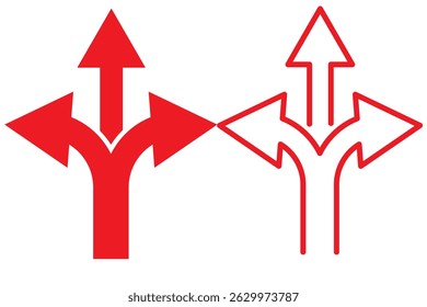 Three-way direction arrow sign, road sign direction icon set, vector illustration on white background. EPS 10.