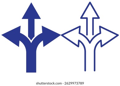 Three-way direction arrow sign, road sign direction icon set, vector illustration on white background. EPS 10.