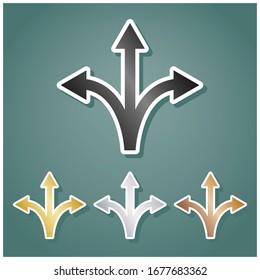Signo de flecha de tres direcciones. Conjunto de íconos metálicos con gradiente gris, dorado, plata y bronce con contorno blanco y sombra en fondo viridán. Ilustración.