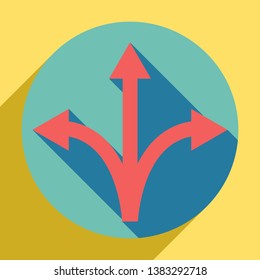 Three-way direction arrow sign. Sunset orange icon with llapis lazuli shadow inside medium aquamarine circle with different goldenrod shadow at royal yellow background.