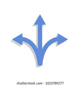 Three-way direction arrow sign. Vector. Neon blue icon with cyclamen polka dots pattern with light gray shadow on white background. Isolated.