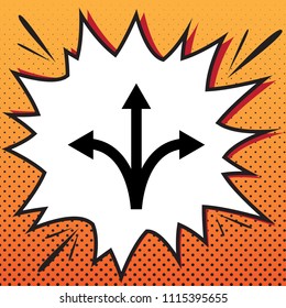 Three-way direction arrow sign. Vector. Comics style icon on pop-art background.