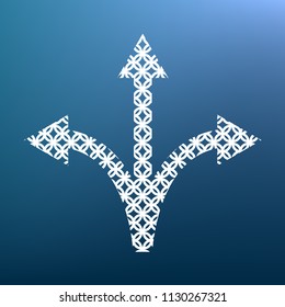 Three-way direction arrow sign. Vector. White textured icon at lapis lazuli gradient background.