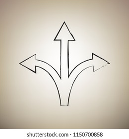 Three-way direction arrow sign. Vector. Brush drawed black icon at light brown background.