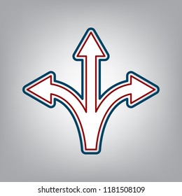 Three-way direction arrow sign. Vector. Dark red, transparent and midnight green stroke of white icon at grayish background.