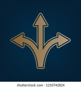 Three-way direction arrow sign. Vector. Golden icon and border at dark cyan background.
