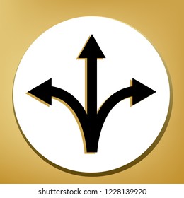 Three-way direction arrow sign. Vector. Black icon with light brown shadow in white circle with shaped ring at golden background.