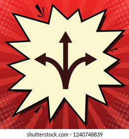 Three-way direction arrow sign. Vector. Dark red icon in lemon chiffon shutter bubble at red popart background with rays.