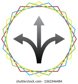 Three-way direction arrow sign. Vector. Black icon with patch of light inside colorful hexagonal frames at white background.