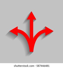 Three-way direction arrow sign. Vector. Red icon with soft shadow on gray background.