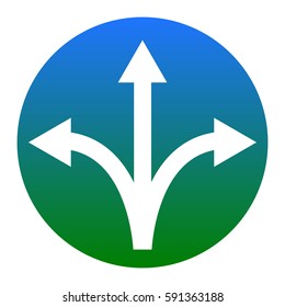 Three-way direction arrow sign. Vector. White icon in bluish circle on white background. Isolated.