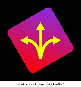 Three-way direction arrow sign. Vector. Yellow icon at violet-red gradient square with rounded corners rotated for dynamics on black background.