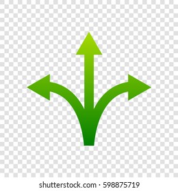 Three-way direction arrow sign. Vector. Green gradient icon on transparent background.