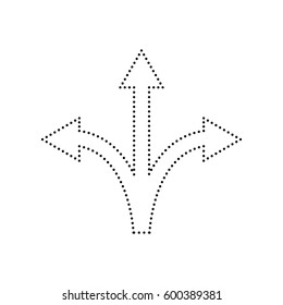 Three-way direction arrow sign. Vector. Black dotted icon on white background. Isolated.